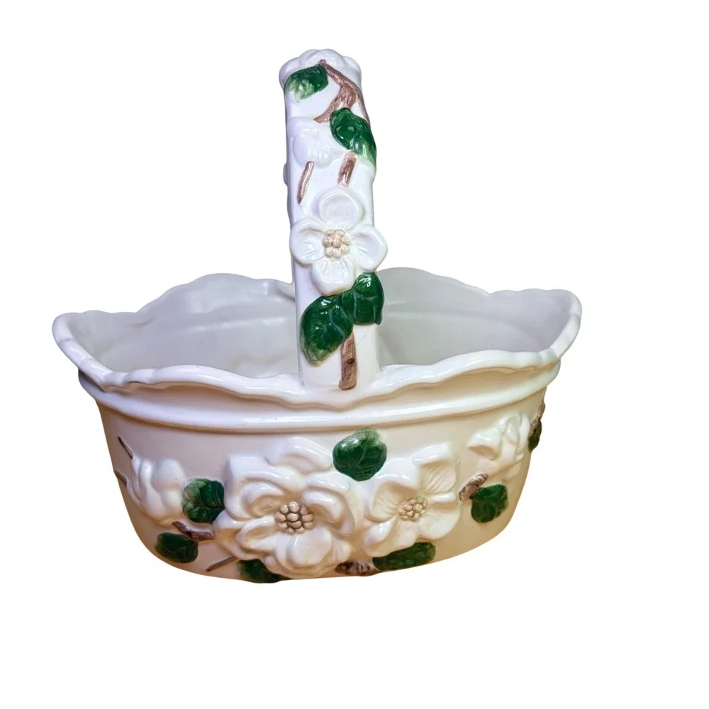 Napco Ceramic Magnolia Flower Basket Planter Vase White Green Rare Retro Vintage